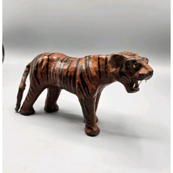 Vintage Leather Wrapped Paper‎ Mache Bengal Tiger Figurine Yellow Glass Eyes 11" - Picture 2 of 11